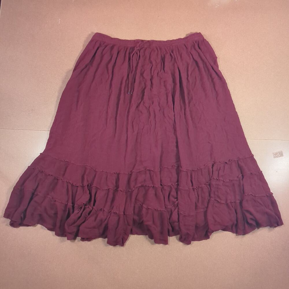 R. Vivimos Burgundy Tiered Ruffle Maxi Skirt Boho Cotton S 4/6 Renn Faire Fall